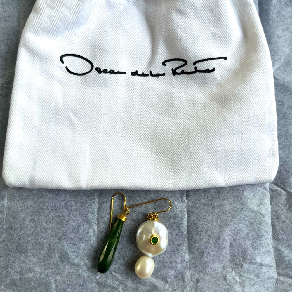 Oscar de la Renta Pearl and Green stone drop earrings